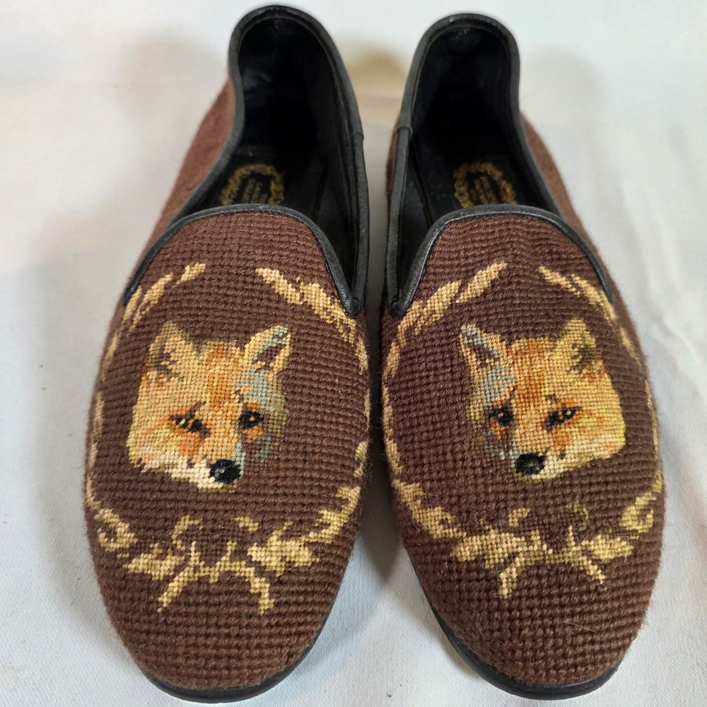 Larkspur Collection Brown Needlepoint Fox Head Loafers Smoking Slippers Size 9.5